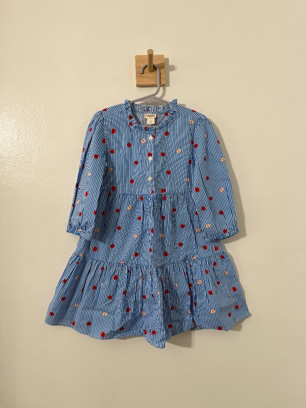 J. Crew Crewcuts Blue Stripes Apple Print A-Line Dress Long Sleeve Ruffle Sz 5